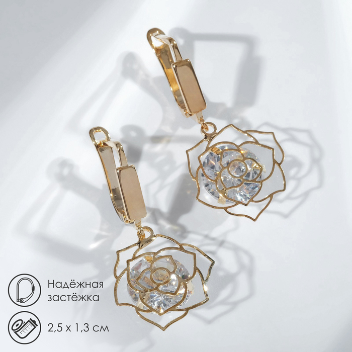 Серьги со стразами &laquo;Циркония&raquo; роза, цвет белый в золоте