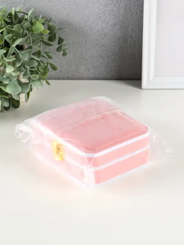 Шкатулка пластик, кожзам для украшений 6 ячеек, 10 полос, персик 13,5х11,5х5,5 см