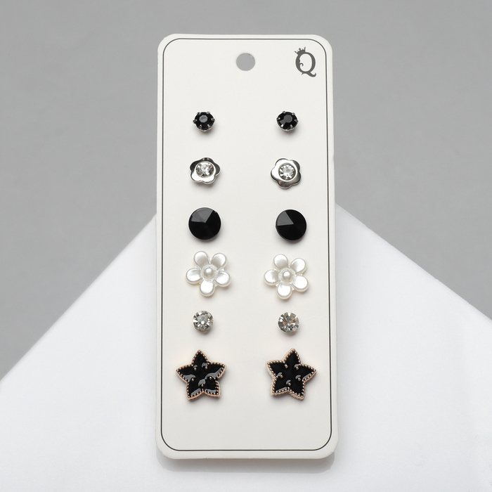 Пусеты 6 пар &laquo;Романтика&raquo; цветочки, чёрно-белый в серебре