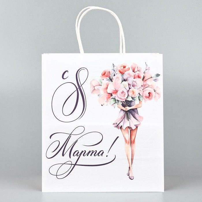 Пакет подарочный крафт &laquo;8 марта&raquo;, цветы, 22 х 25 х 12 см