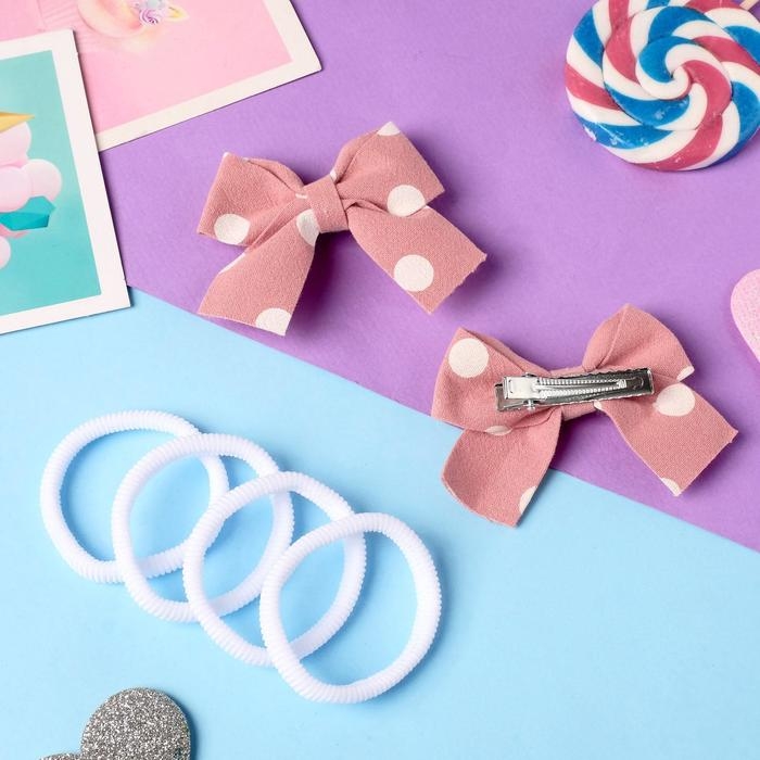 Набор для волос "Аделин" (4 резинки, 2 зажима) белый горох, 6,5х4,5 см, розовый