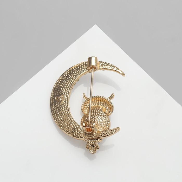 Брошь &laquo;Сова на месяце&raquo;, цвет чёрно-белый в золоте