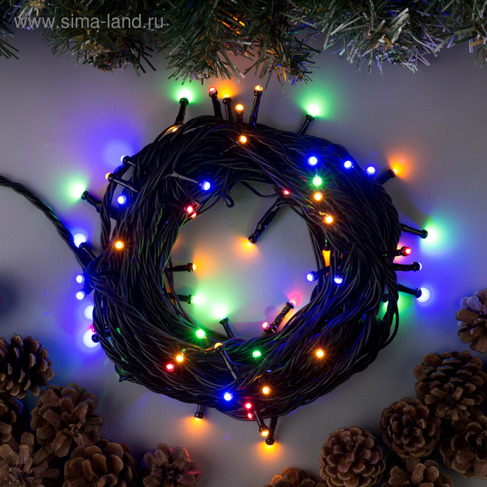 Гирлянда &laquo;Нить&raquo; 10 м, IP44, УМС, тёмная нить, 72 SMD-LED, свечение мульти, 220 В