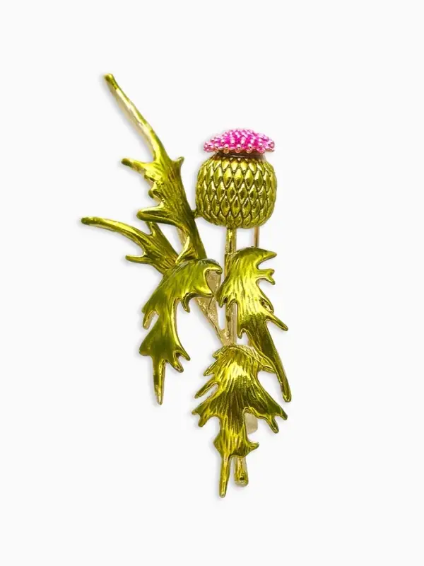 Брошь "Чертополох" растение, зелёно-розовый в золоте