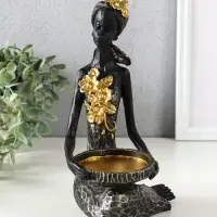 Подсвечник полистоун "Африканка в косынке с цветами" чёрный d=8 см 14х11,5х24,5 см