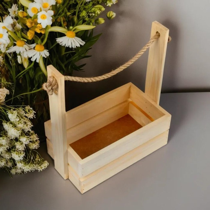 Кашпо деревянное 28&times;15&times;30 см "Аром", ручка канат, натуральная сосна