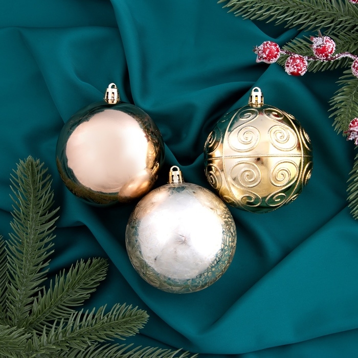 Набор шаров пластик d-8 см, 5 шт "Бахор" винтаж, золото