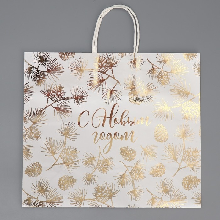 Пакет подарочный новогодний крафтовый Gold, 32 х 28 х 15 см, Новый год