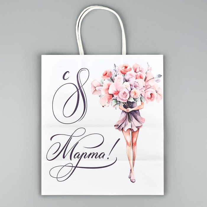 Пакет подарочный крафт &laquo;8 марта&raquo;, цветы, 22 х 25 х 12 см