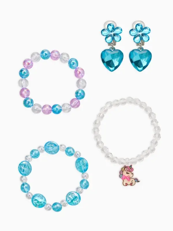 Комплект детский &laquo;Выбражулька&raquo; 4 предмета,3 браслета, 1 клипсы, единорог, сердце, цветной