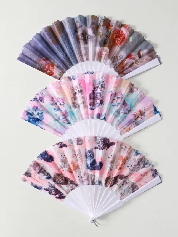 Веер пластик, текстиль "Кошечки и цветы" МИКС широкие лопасти 23 см
