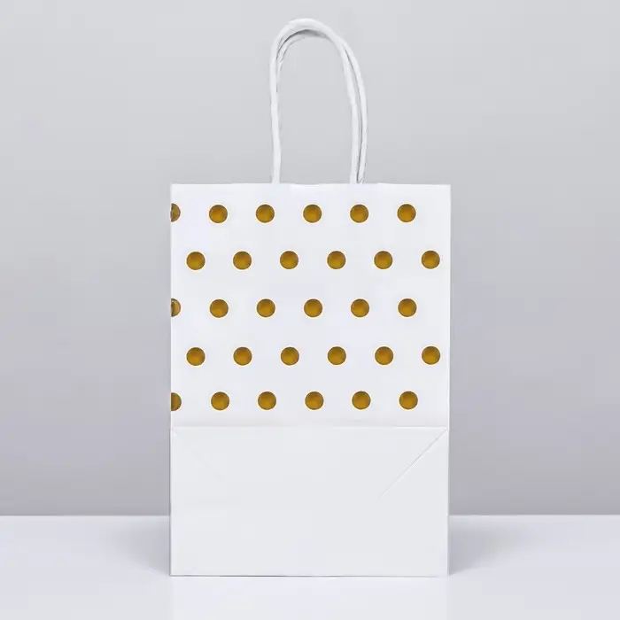 Пакет крафт с золотым тиснением, круглая ручка, белый, 15&times;21&times;8 см, 120 г