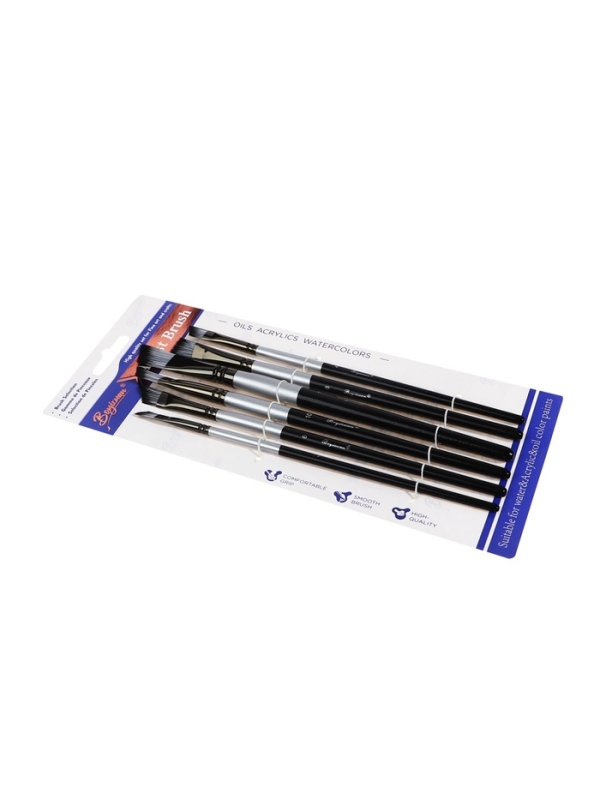 Набор кистей синтетика плоские 6 штук скошенные, черно-серые (№2,4,6,8,10,12)