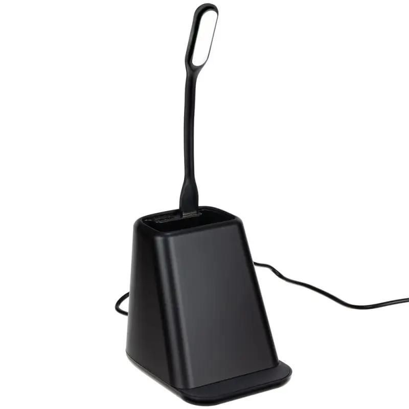 Настольный органайзер с зарядкой, лампой, вентилятором и подсветкой лого powerTower, черный Настольный органайзер с зарядкой, лампой, вентилятором и подсветкой лого powerTower, черный