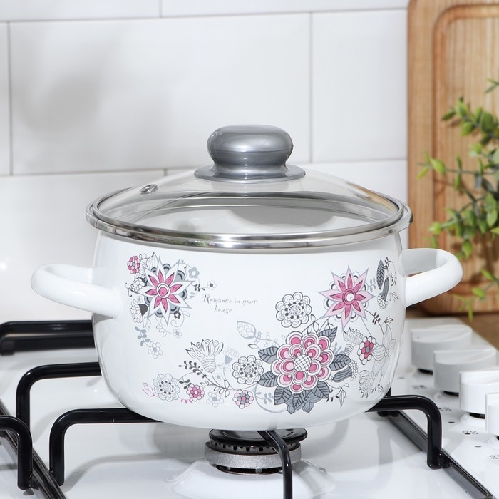 Кастрюля эмалированная &laquo;Весенний романс&raquo;, 2 л, стеклянная крышка, индукция