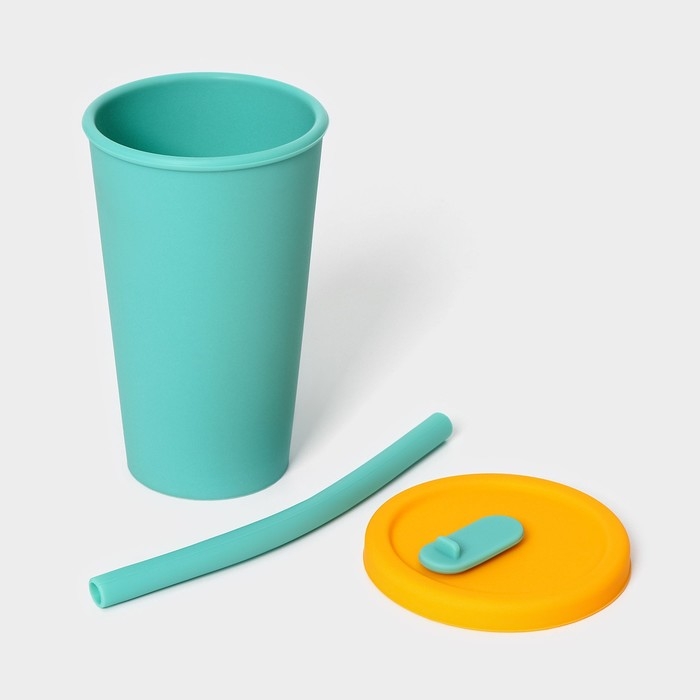 Стакан с крышкой и трубочкой, 350 мл, 9&times;9&times;13,5см, цвет голубой