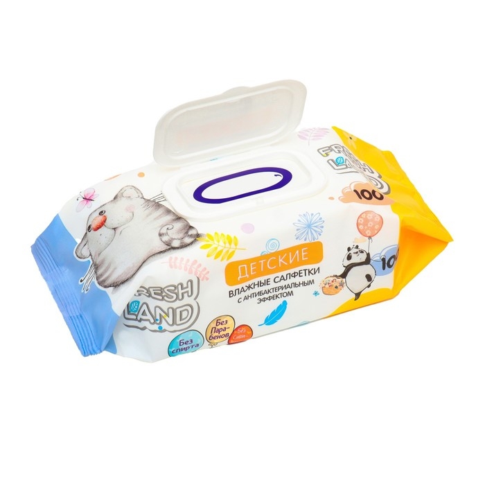 Влажные салфетки для детей "Freshland"  с антибактериальным эффектом, 100 шт