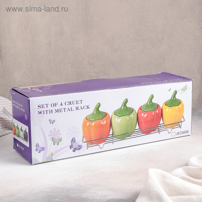 Набор банок керамических для сыпучих продуктов на металлической подставке &laquo;Перцы&raquo;, 4 предмета: 400 мл
