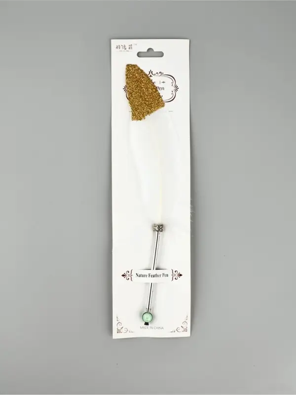 Перо белое+блестки золото (наконечник ручка), дл.25 см