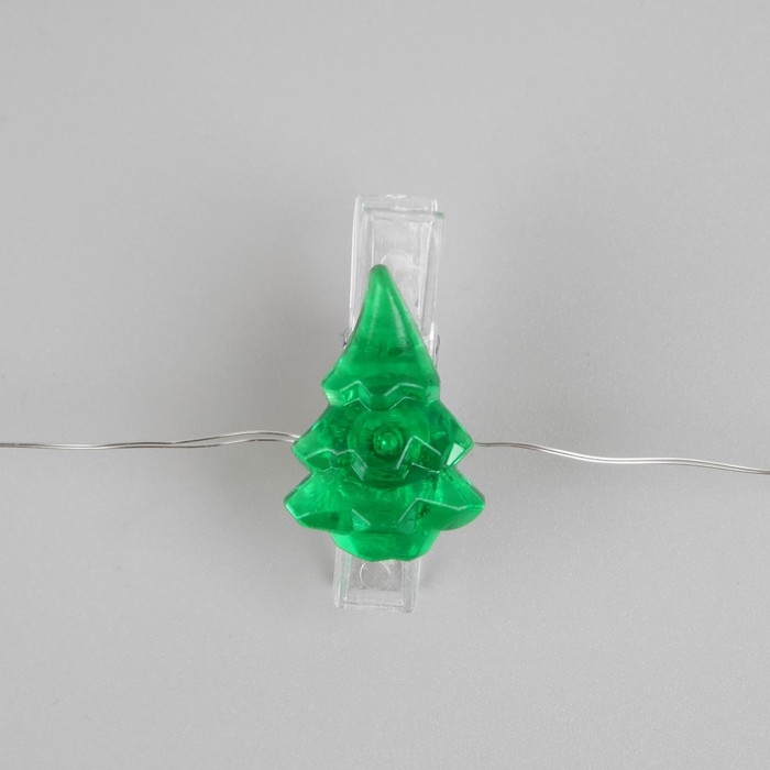 Гирлянда &laquo;Нить&raquo; 2 м роса с насадками &laquo;Прищепки-ёлочки&raquo;, IP20, серебристая нить, 20 LED, батарейки ААх2 (не в комплекте), свечение тёплое белое