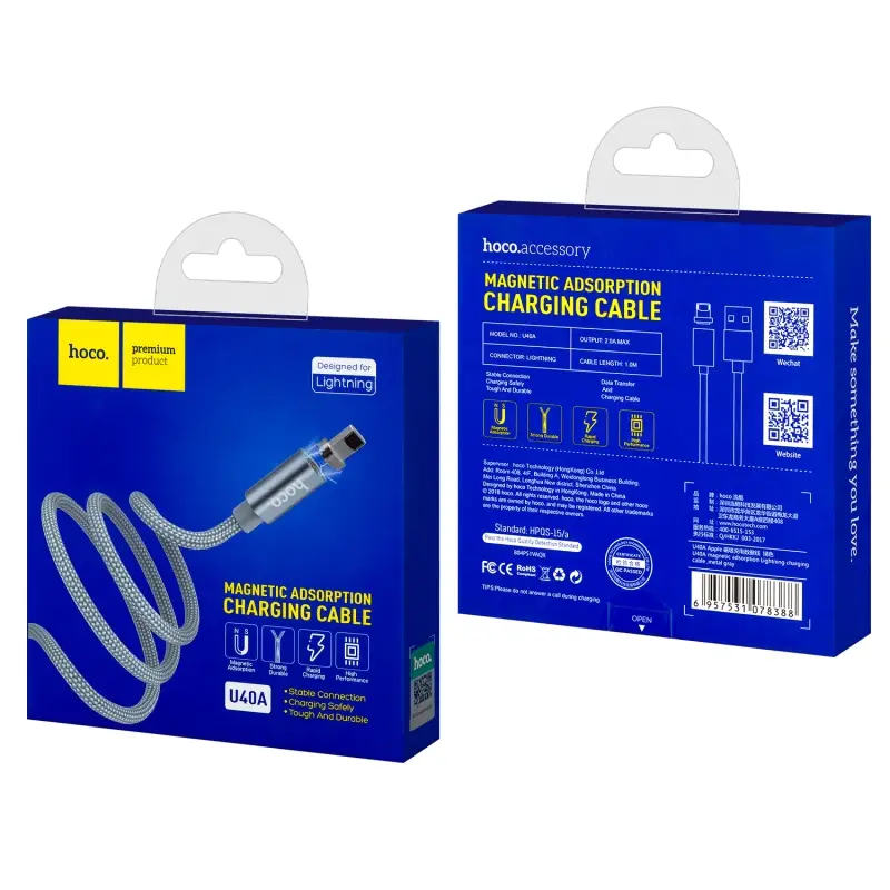 Кабель U40A USB на Lightning магнитный 1M HOCO серый
