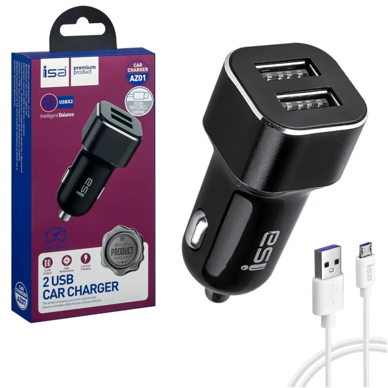 * АЗУ AZ01 USB на Micro USB + 2 USB 2.4A ISA черное
