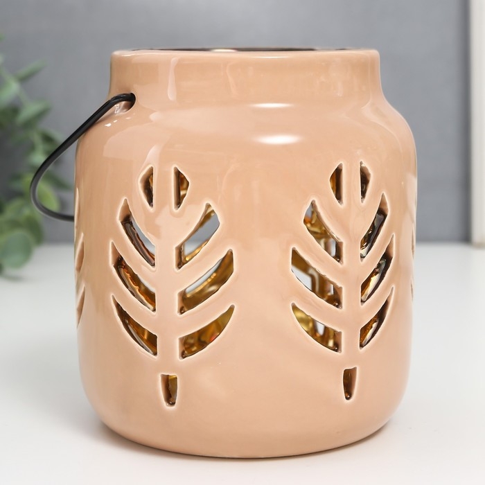 Подсвечник керамика на 1 свечу "Фонарь. Листья" внутри золото МИКС 11,5х9,5х9,5 см