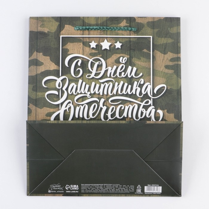 Пакет подарочный ламинированный вертикальный, упаковка, &laquo;С Днём Защитника Отечества, 23 февраля&raquo;, ML 27 х 23 х 11.5 см