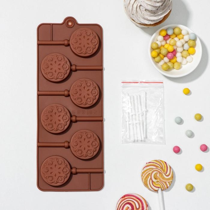 Форма для леденцов новогодняя Доляна &laquo;Морозко&raquo;, силикон, 24&times;9,5&times;1,5 см, 6 ячеек (4&times;4 см), с палочками, цвет МИКС