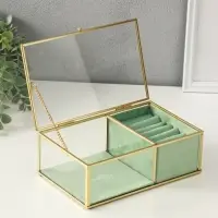 Шкатулка стекло с металлическим каркасом "Зелёная" 2 отделения 22х14,5х7,5