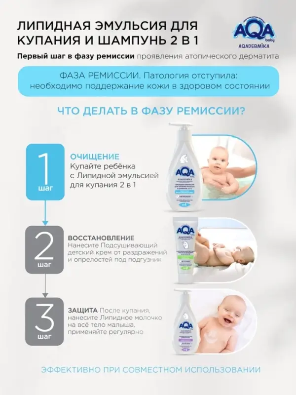 Эмульсия для купания малыша и шампунь 2 в 1 AQA DERMIKA липидная, 250 мл
