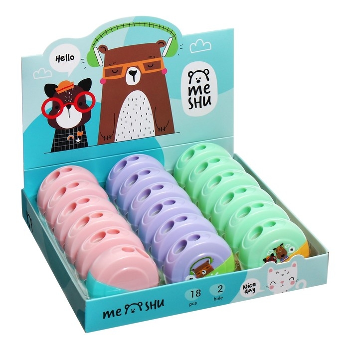 Точилка пластиковая MESHU "Best friends", 2 отверстия, МИКС
