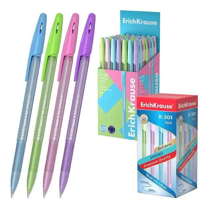 Ручка шариковая ErichKrause R-301 Spring Stick, узел 0.7 мм, чернила синие, длина линии письма 1000 метров, МИКС