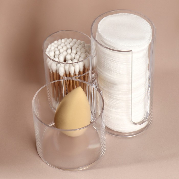 Органайзер для ватных палочек и дисков, с крышкой, 3 секции, 14 &times; 14 &times; 13 см, цвет прозрачный
