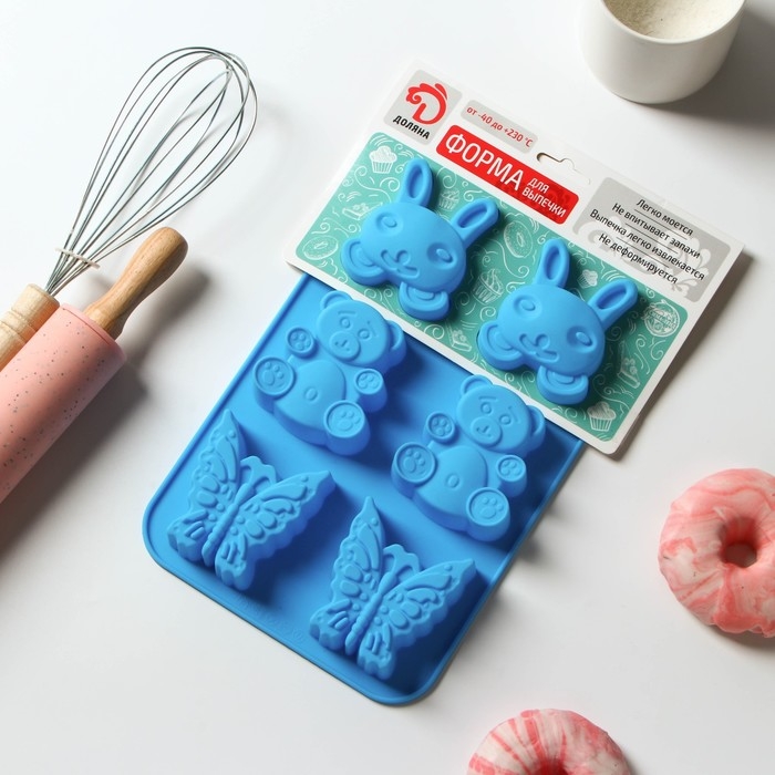 Форма для выпечки Доляна &laquo;Животные. Зоопарк&raquo;, силикон, 26&times;17 см, 6 ячеек (7,2&times;6,4 см), цвет МИКС