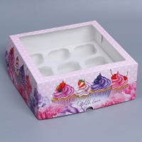 Коробка для капкейков, кондитерская упаковка с окном, 9 ячеек &laquo;Капкейки&raquo;, 25 х 25 х 10 см