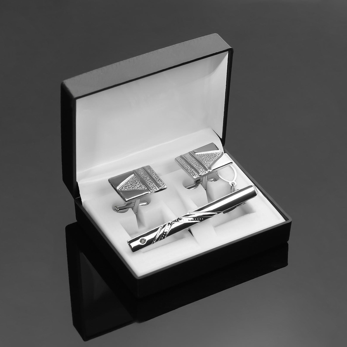 Набор мужской медный &laquo;Запонки + Зажим для галстука&raquo; резьба, цвет серебро