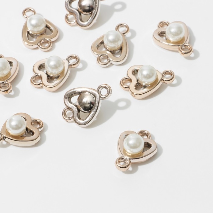 Коннектор &laquo;Жемчуг&raquo; сердце 2,3&times;1,6&times;0,8 см, (набор 10 шт.), цвет белый в золоте