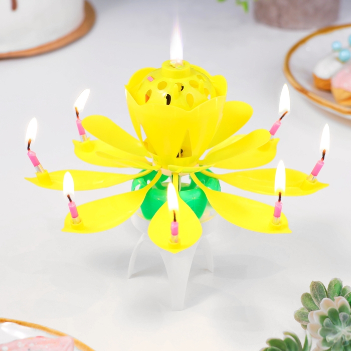 Свеча для торта музыкальная "Тюльпан", крутящаяся, жёлтая, 14,5&times;6 см