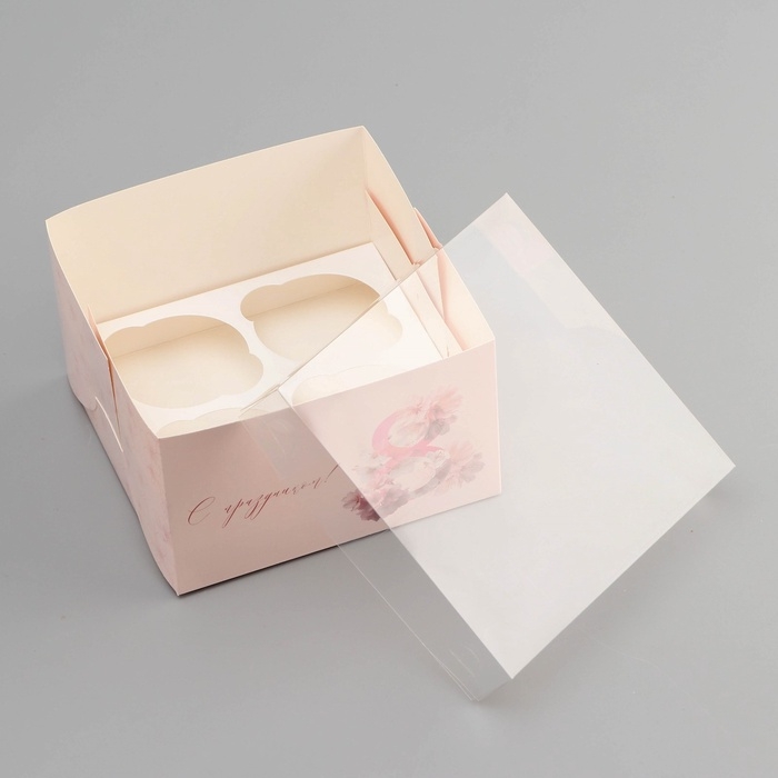 Коробка для 4 капкейка с прозрачной крышкой, "8 марта", 16 &times; 16 &times; 10 см, кондитерская упаковка