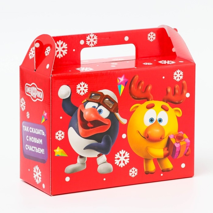 Новый год. Подарочная коробка Новогодняя Ларец простой "Смешарики" лицензия 23 х 10 х 16,5 см (+4,5 см).