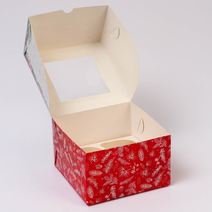 Новый год. Коробка для 4 капкейка с окном "Новогодние подарки", 16 х 16 х 10 см, упаковка