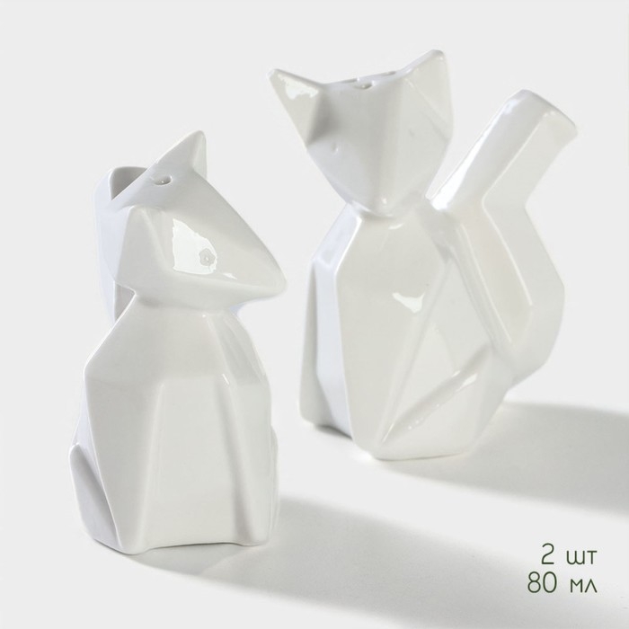 Набор фарфоровый для специй на бамбуковой подставке BellaTenero &laquo;Лисы&raquo;, 3 предмета: солонка 80 мл, перечница 80 мл, подставка, цвет белый