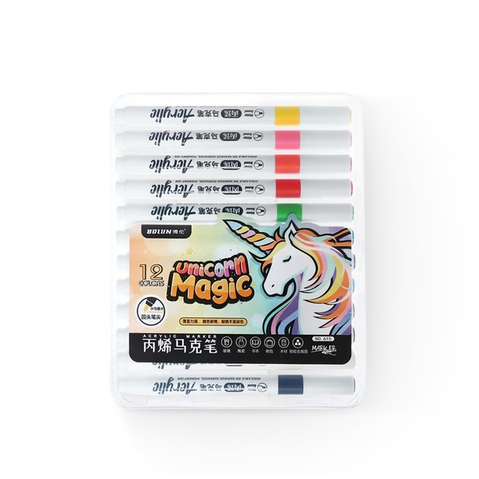 Набор маркеров акриловых 12 цветов, круглый наконечник, для любой поверхности