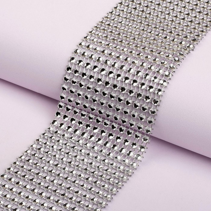 Лента с имитацией страз, 6 см, 9 &plusmn; 1 м, цвет серебряный