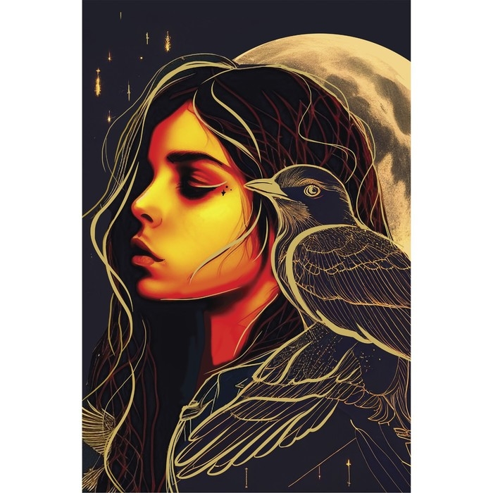 Алмазная мозаика на хеллоуин с частичным заполнением на холсте &laquo;Девушка с вороном&raquo;&lrm;, 20 х 30 см
