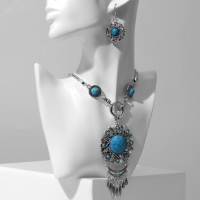 Набор 2 предмета: серьги, колье &laquo;Индия&raquo;, цвет голубой в чернёном серебре, 32см