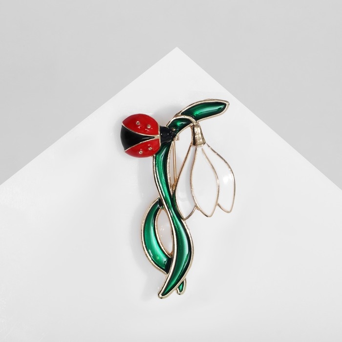 Брошь &laquo;Цветок&raquo; подснежник с божьей коровкой, цветная в золоте
