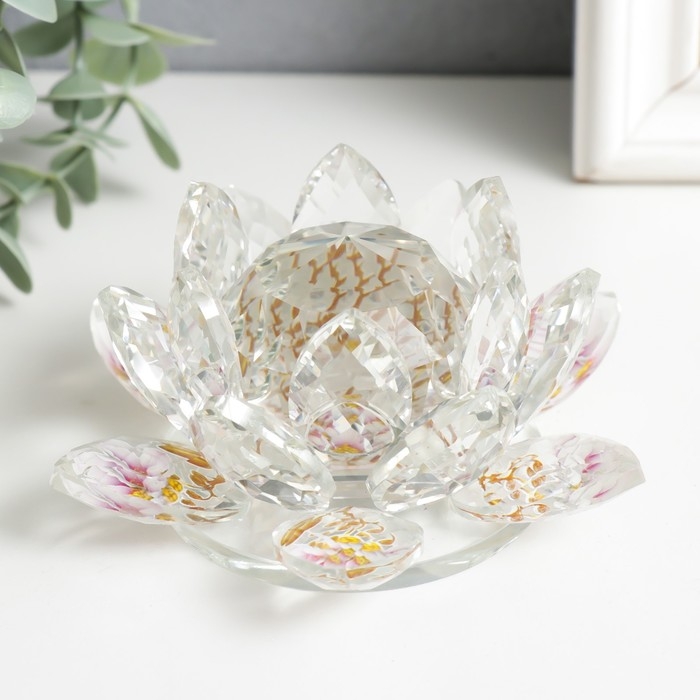 Сувенир стекло "Лотос прозрачный, на лепестках лотосы" 7х13,5х13,5 см