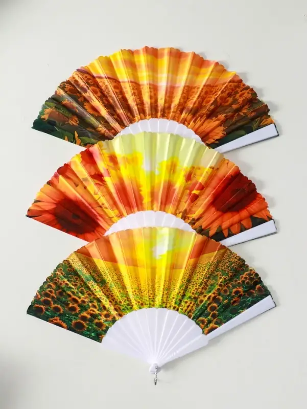 Веер пластик, текстиль "Подсолнухи" МИКС широкие лопасти 23 см